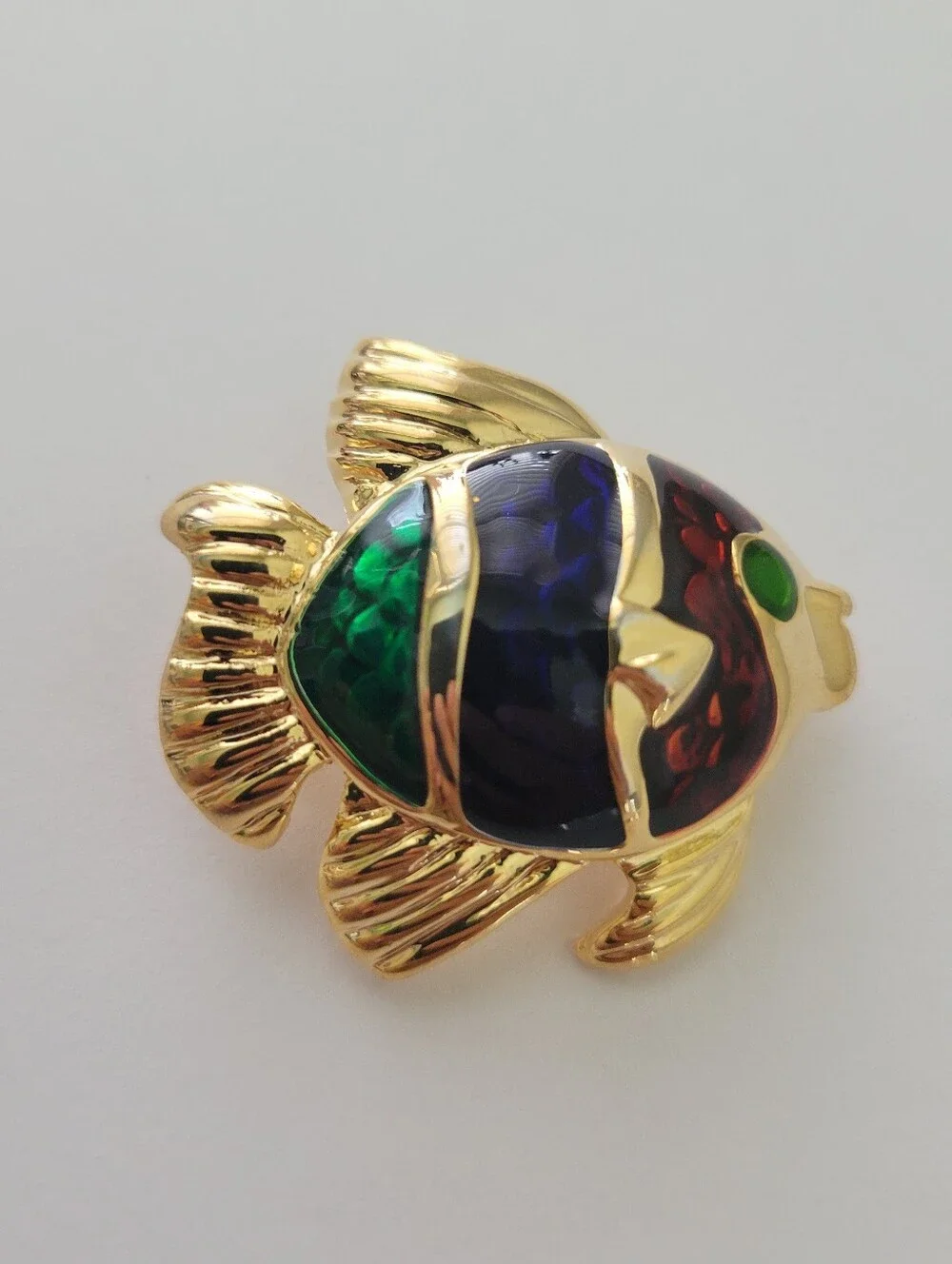 Vintage Gold fish brooch Pin with green, blue, and red enamel stripes